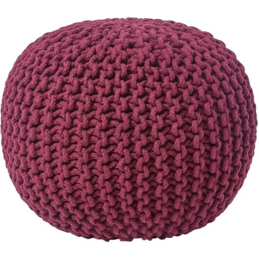Plum Round Cotton Knitted Pouffe Footstool - Homescapes