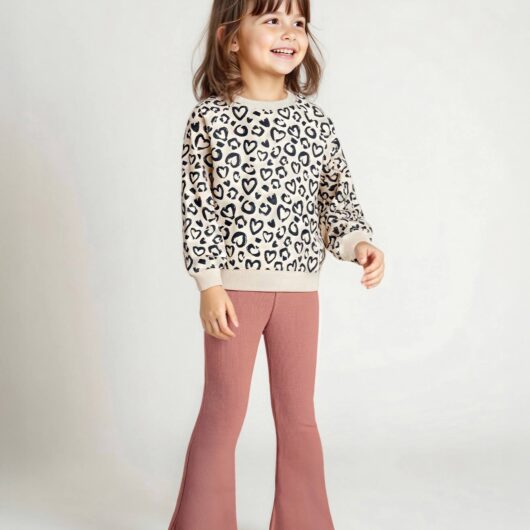 Printed Sweatshirt & Flared Leggings Set for Girls dusky pink