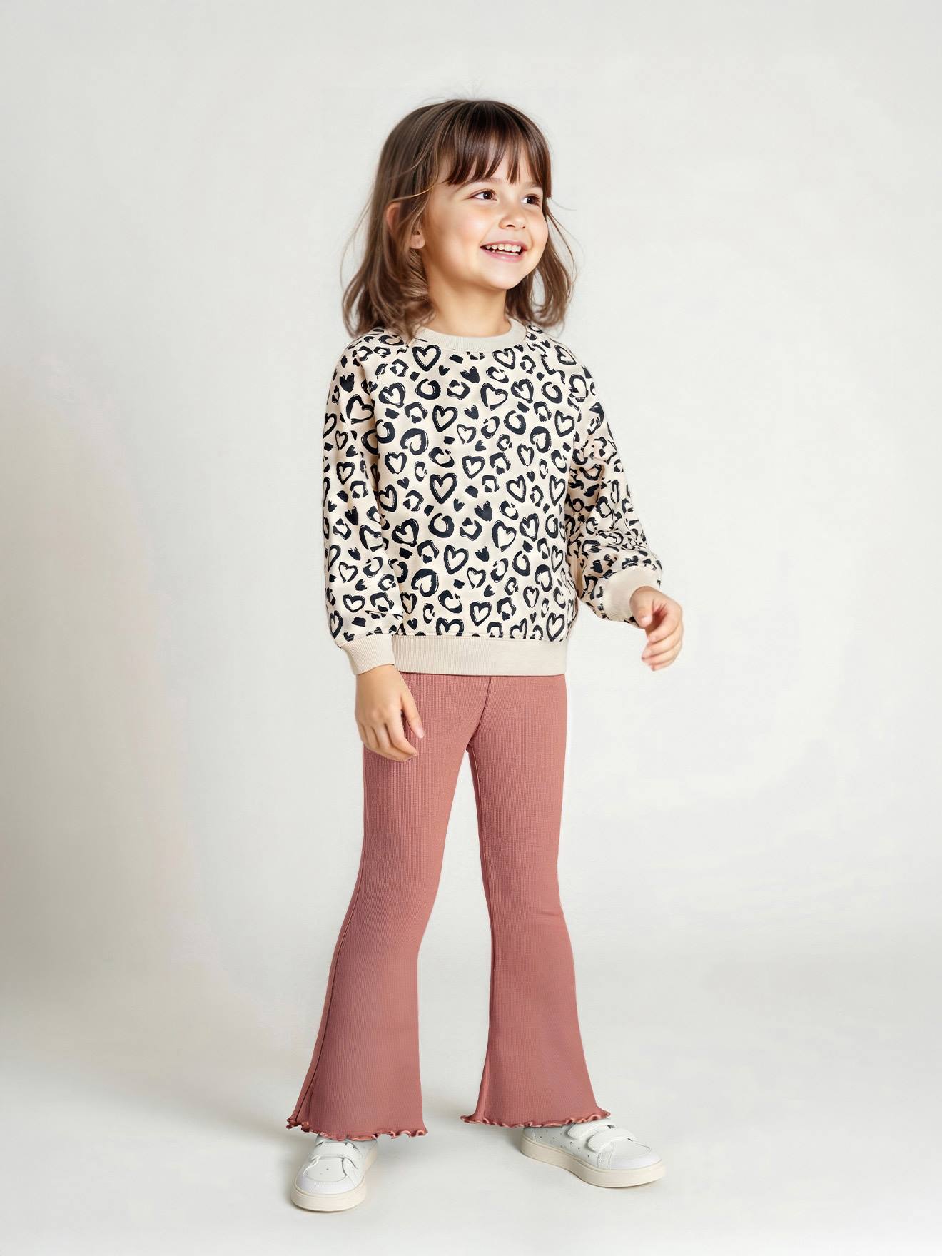 Printed Sweatshirt & Flared Leggings Set for Girls dusky pink