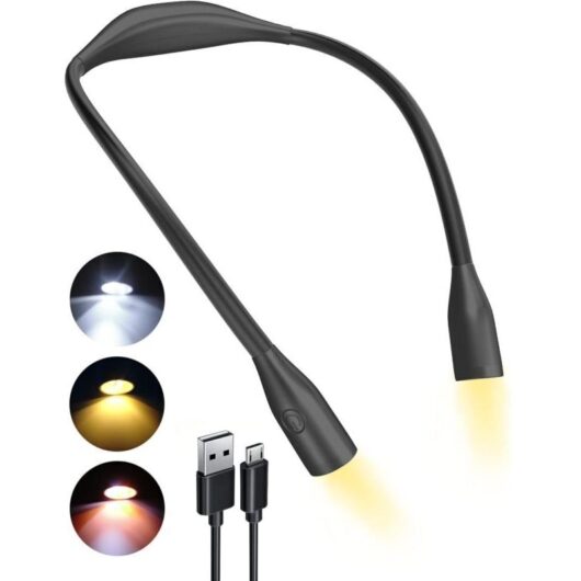 Rechargeable Neck Reading Light, 3 Colors Eye Protection LED Night Light Around Neck Hands-Free, 1000mAh Neck Light for Reading, Camping, Sewing, Gift