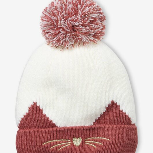 Rib Knit Beanie with Embroidered Cat pink dark solid with design