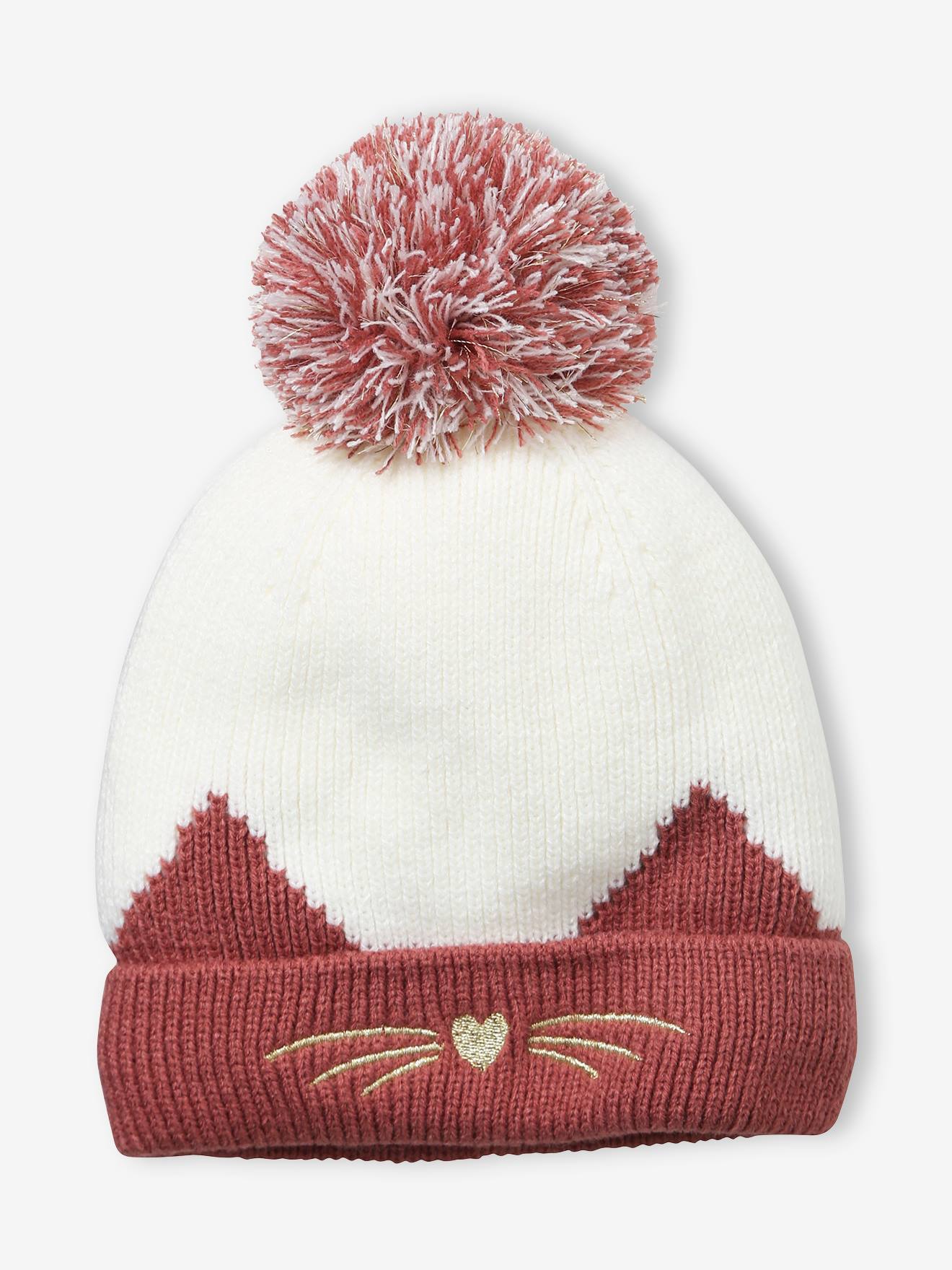 Rib Knit Beanie with Embroidered Cat pink dark solid with design