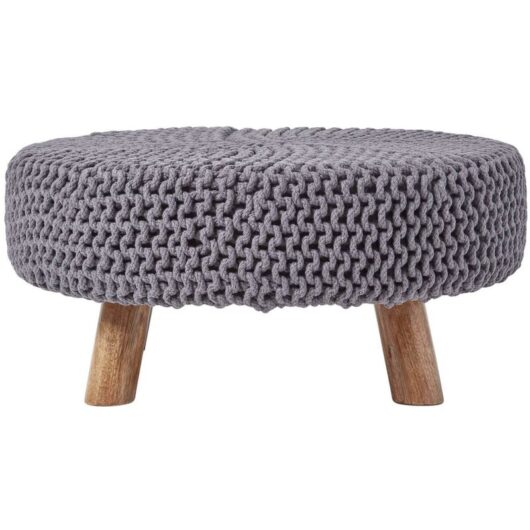Sea Grey Large Round Cotton Knitted Footstool on Legs - Homescapes