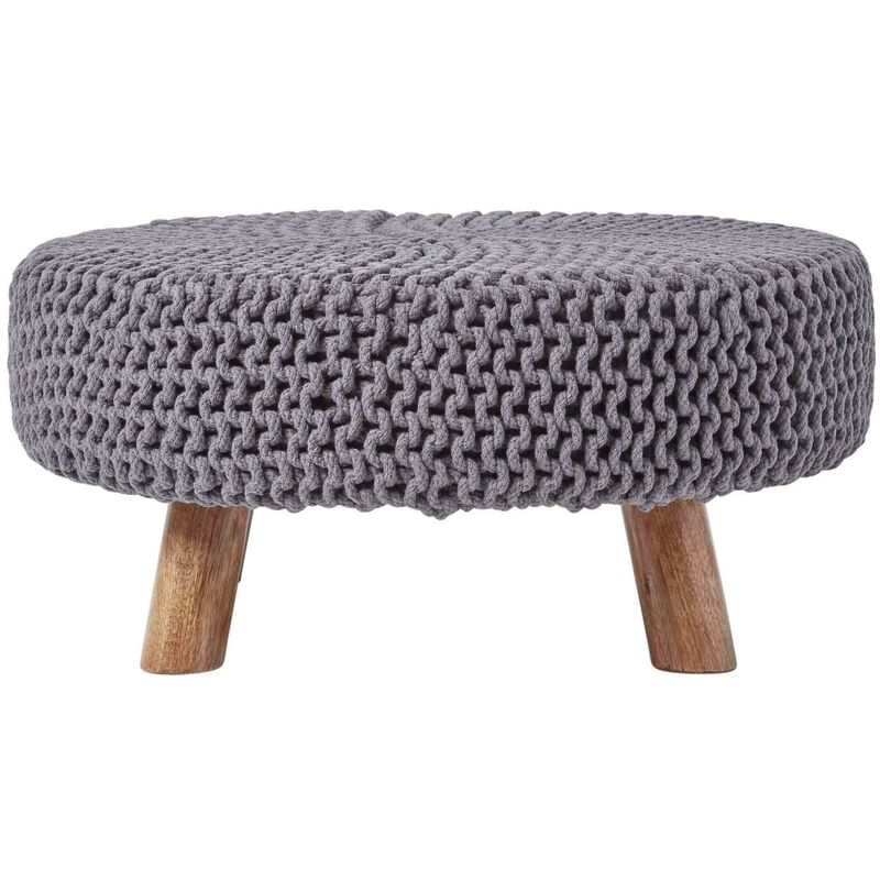 Sea Grey Large Round Cotton Knitted Footstool on Legs - Homescapes