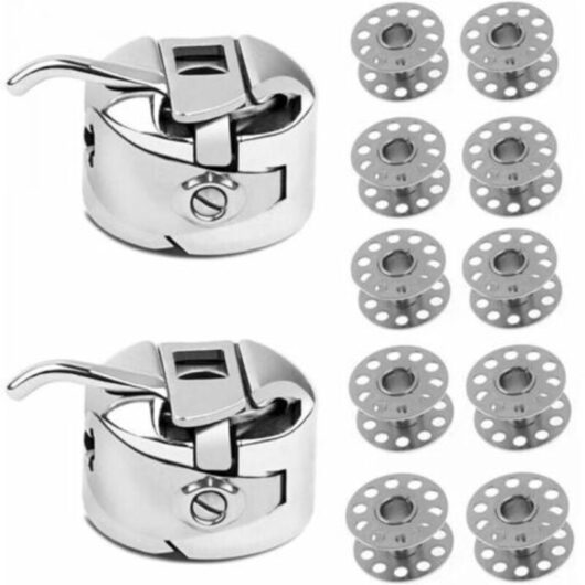 Set of 10 Metal Sewing Machine Bobbins + 2 Bobbin Cases - Sewing Machine Accessories, Bobbin with Case