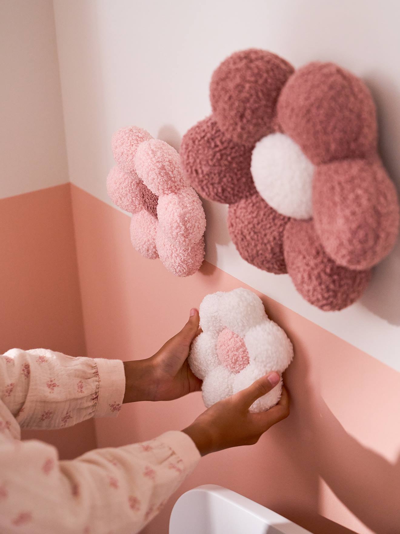 Set of 3 Flowers in Bouclé Knit printed pink