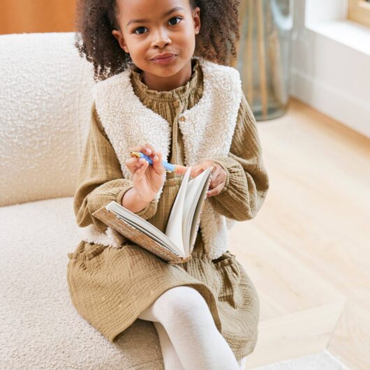 Set of 3 dress + sherpa cardigan + girls tights olive