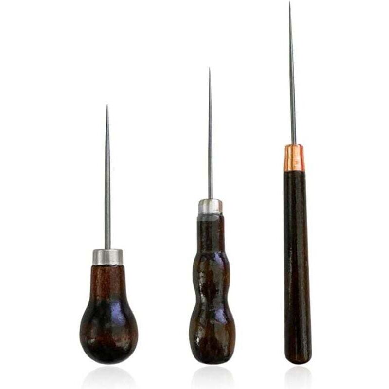 Set of 3 sewing tools including a leather punch, a leather punch and a wooden punch, for leather sewing and handmade leather DIY projects.