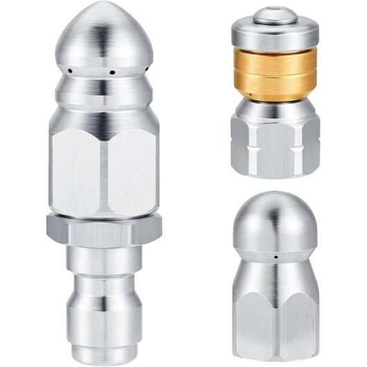 Set of 3 stainless steel drain nozzles with rotating knob for 6.35 mm pressure washer hose