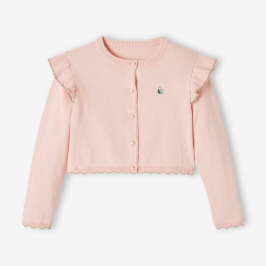 Short Cardigan with Ruffle for Girls pink light solid with design