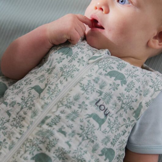 Sleeveless Baby Sleeping Bag with Middle Opening, In the Woods printed green