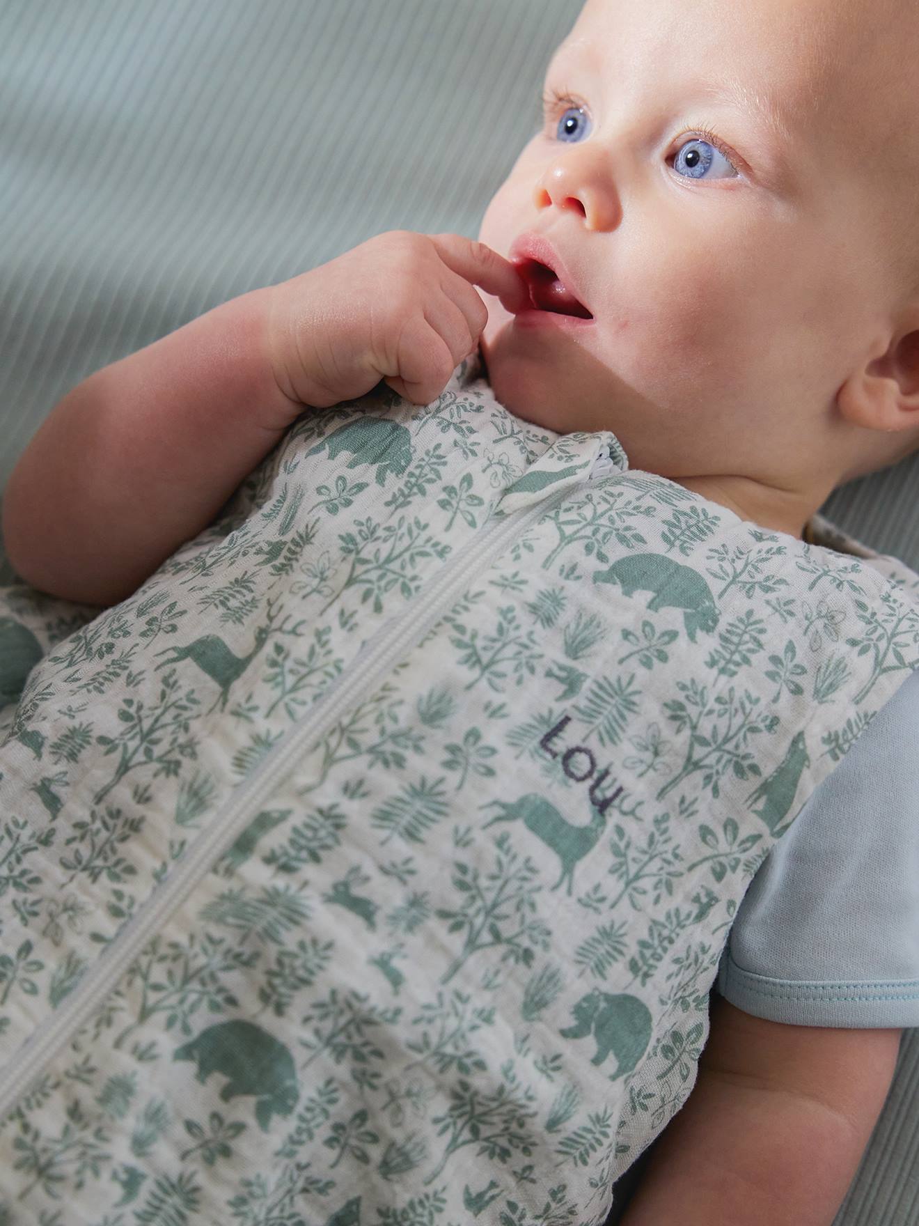 Sleeveless Baby Sleeping Bag with Middle Opening, In the Woods printed green