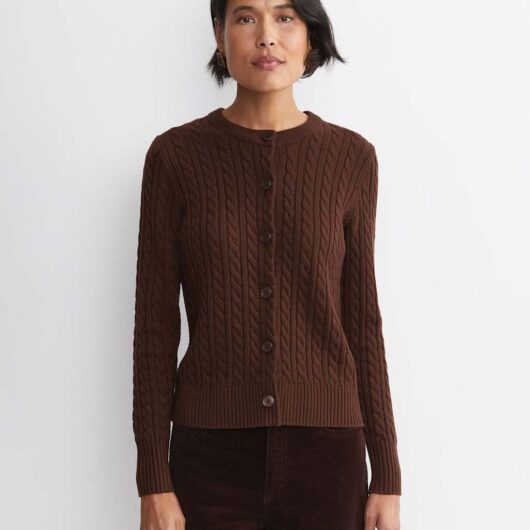 Sportscraft Merino Wool Blend Cable Knit Striped Cardigan Chocolate
