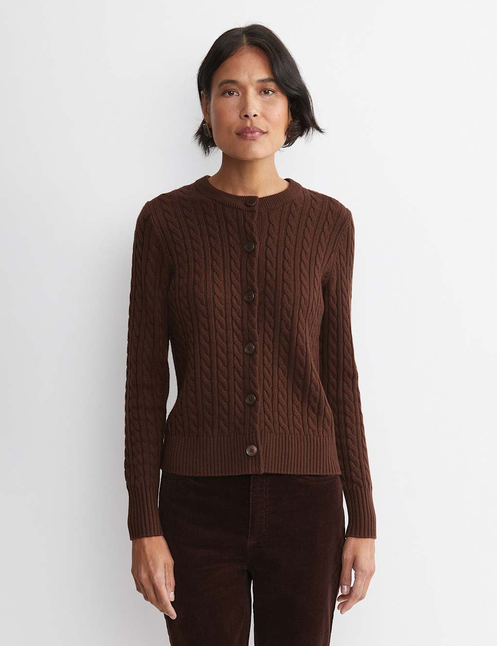 Sportscraft Merino Wool Blend Cable Knit Striped Cardigan Chocolate