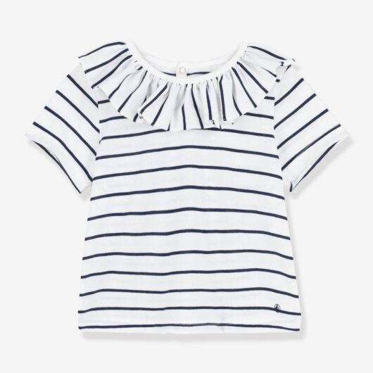 Striped Short Sleeve Blouse in Jersey Knit for Babies, by PETIT BATEAU white medium striped
