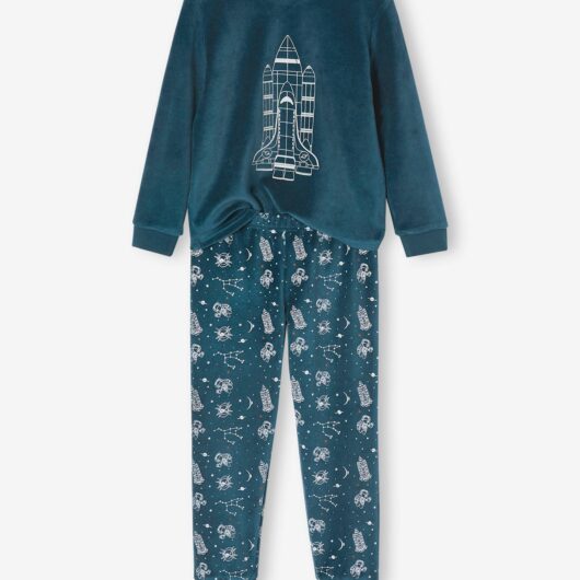 Velour Pyjamas with Glow-In-The-Dark Rocket for Boys peacock blue