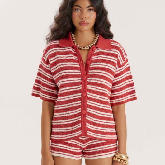 4th & Reckless Knitted Striped Relaxed Beach Shirt Red Mix