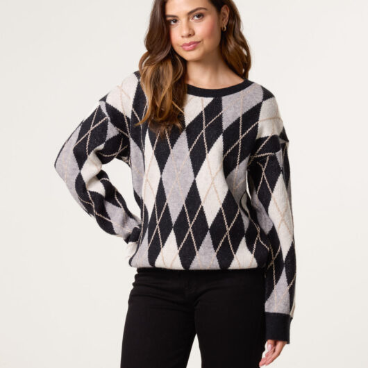 Argyle-Patterned Knit Jumper - S/M / BLACK