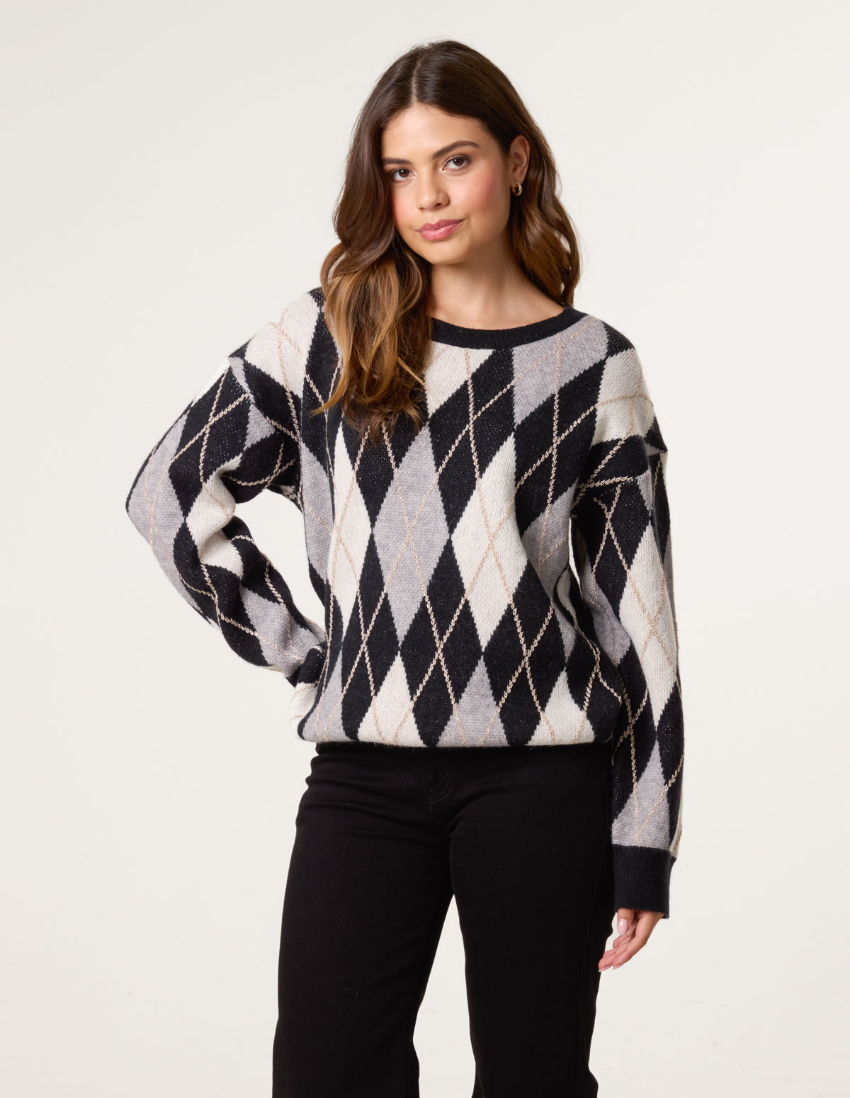 Argyle-Patterned Knit Jumper - S/M / BLACK