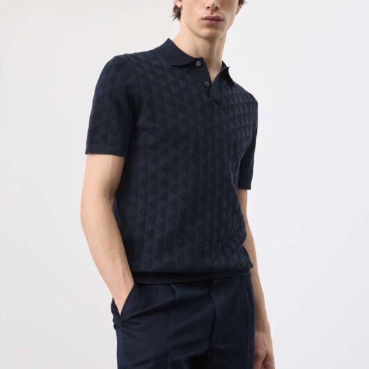 Autograph Mercerised Cotton Knitted Polo Shirt Navy