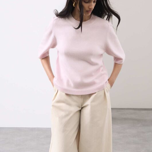 Autograph Merino Wool Rich Knitted Top with Cashmere Pale Pink