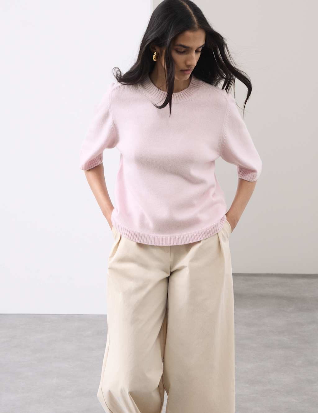 Autograph Merino Wool Rich Knitted Top with Cashmere Pale Pink