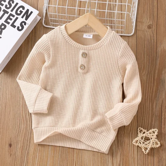 Baby Boy/Girl Clothes Button Design Solid Ribbed Knitted Long-sleeve Pullover Top