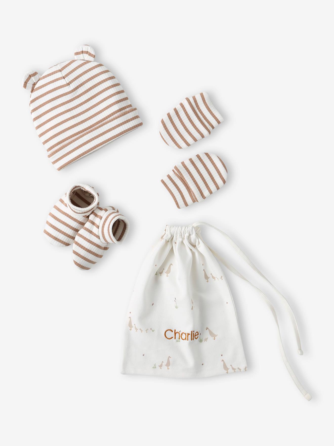 Beanie + Mittens + Booties + Pouch Set for Babies cappuccino
