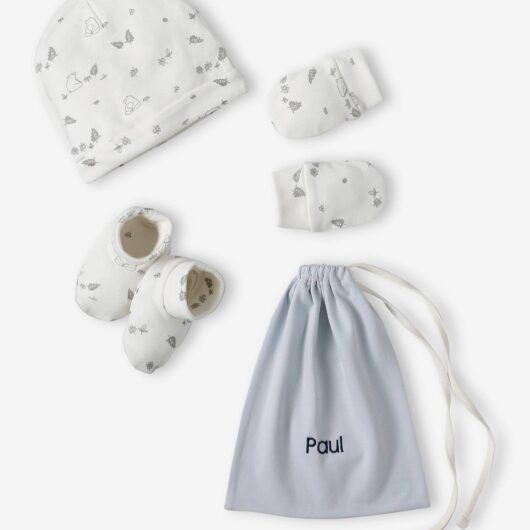Beanie + Mittens + Pram Shoes + Pouch Set for Babies pale blue