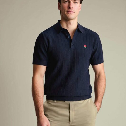 Charles Tyrwhitt Pure Cotton Striped Rose Knitted Polo Shirt Navy