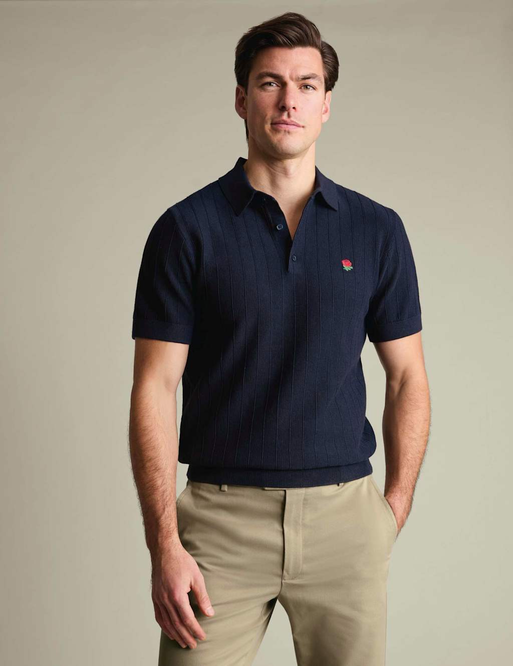 Charles Tyrwhitt Pure Cotton Striped Rose Knitted Polo Shirt Navy