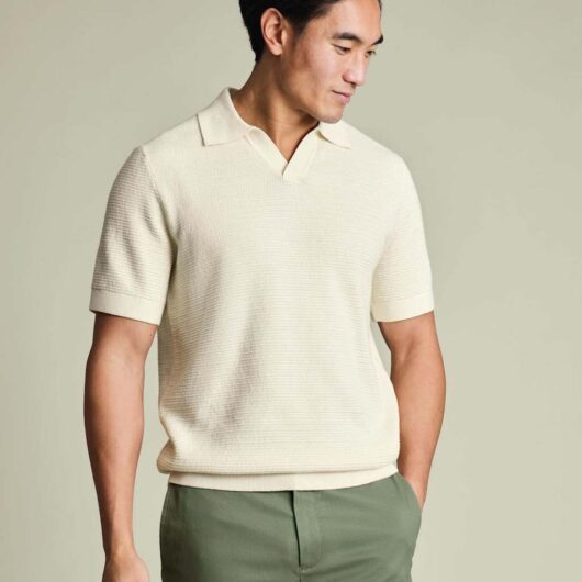 Charles Tyrwhitt Pure Cotton Textured Knitted Polo Shirt Cream