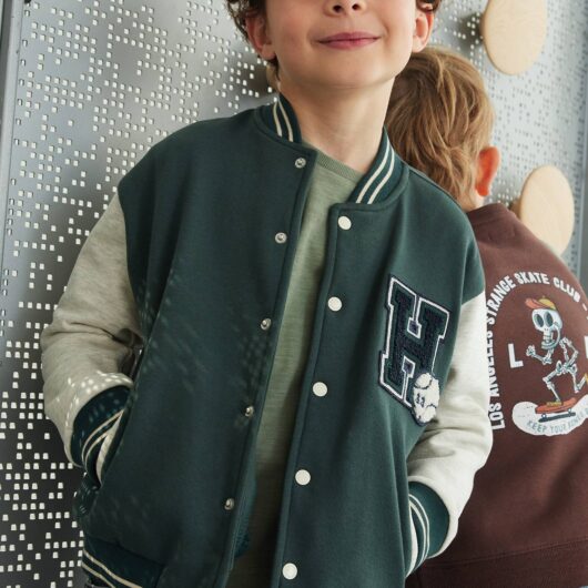 College-Type Jacket in Fleece, Patch in Bouclé Knit, for Boys fir green