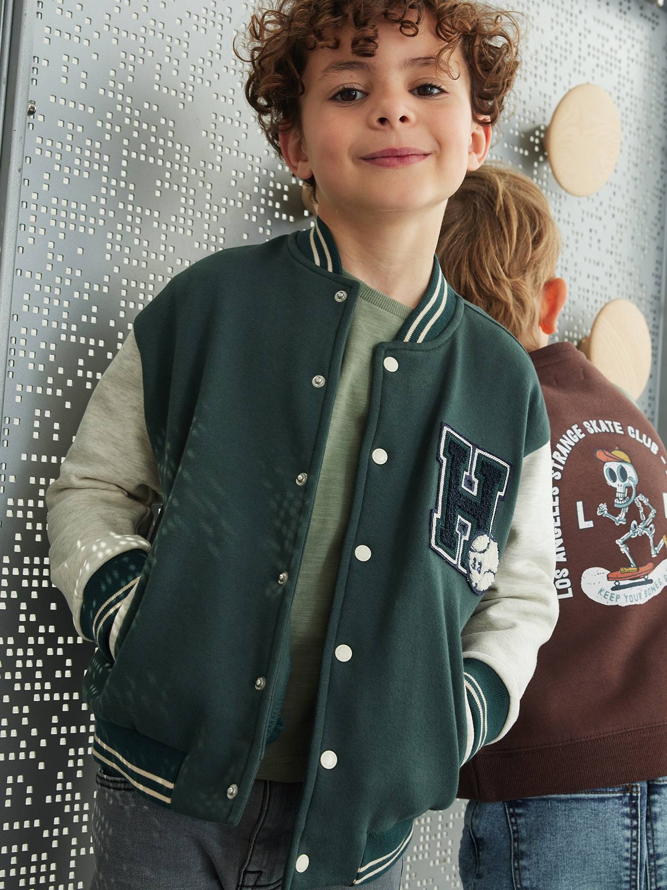 College-Type Jacket in Fleece, Patch in Bouclé Knit, for Boys fir green