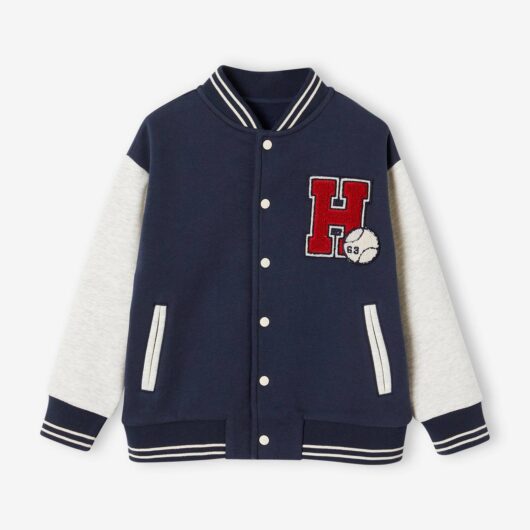 College-Type Jacket in Fleece, Patch in Bouclé Knit, for Boys navy blue