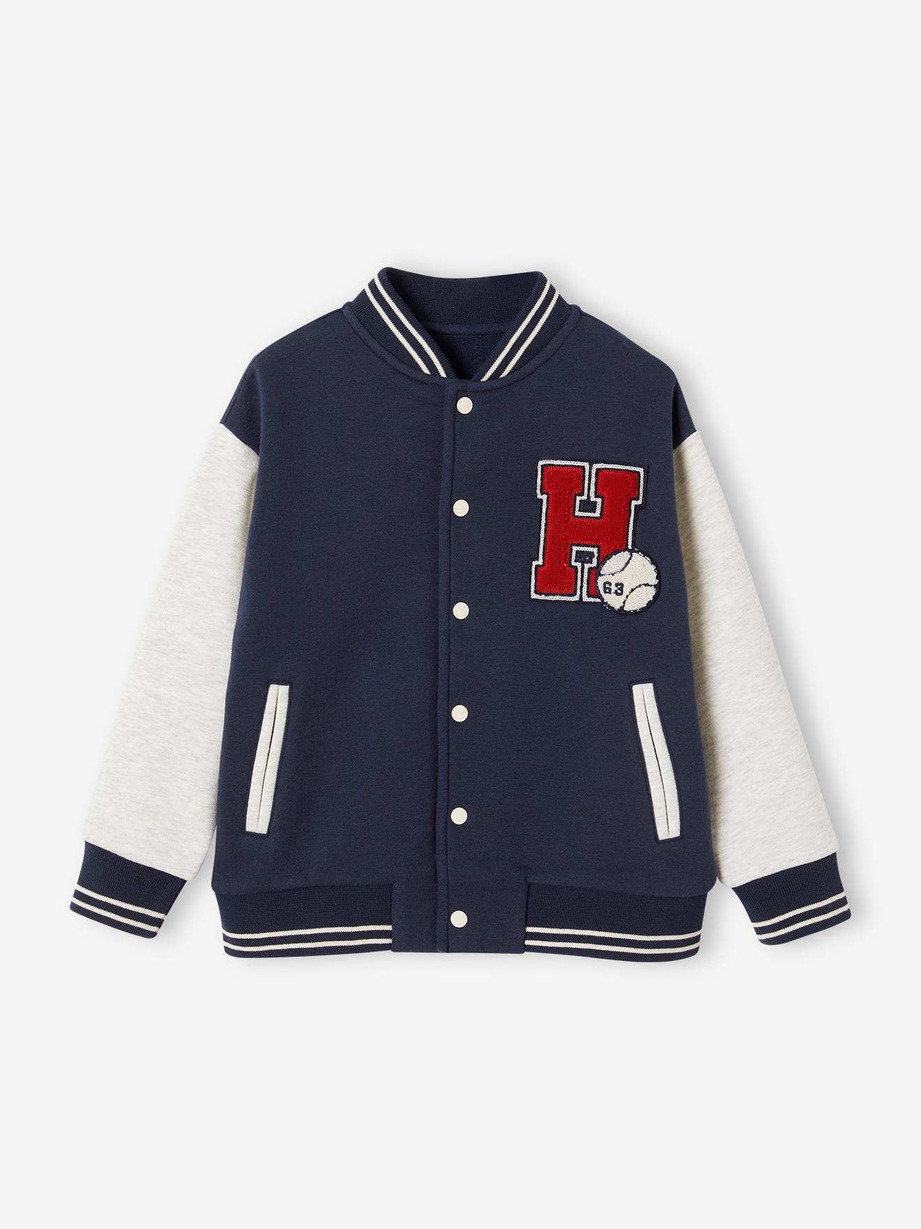 College-Type Jacket in Fleece, Patch in Bouclé Knit, for Boys navy blue