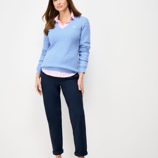 Crew Clothing Cotton Rich Cable Knit V-Neck Jumper Mid Blue