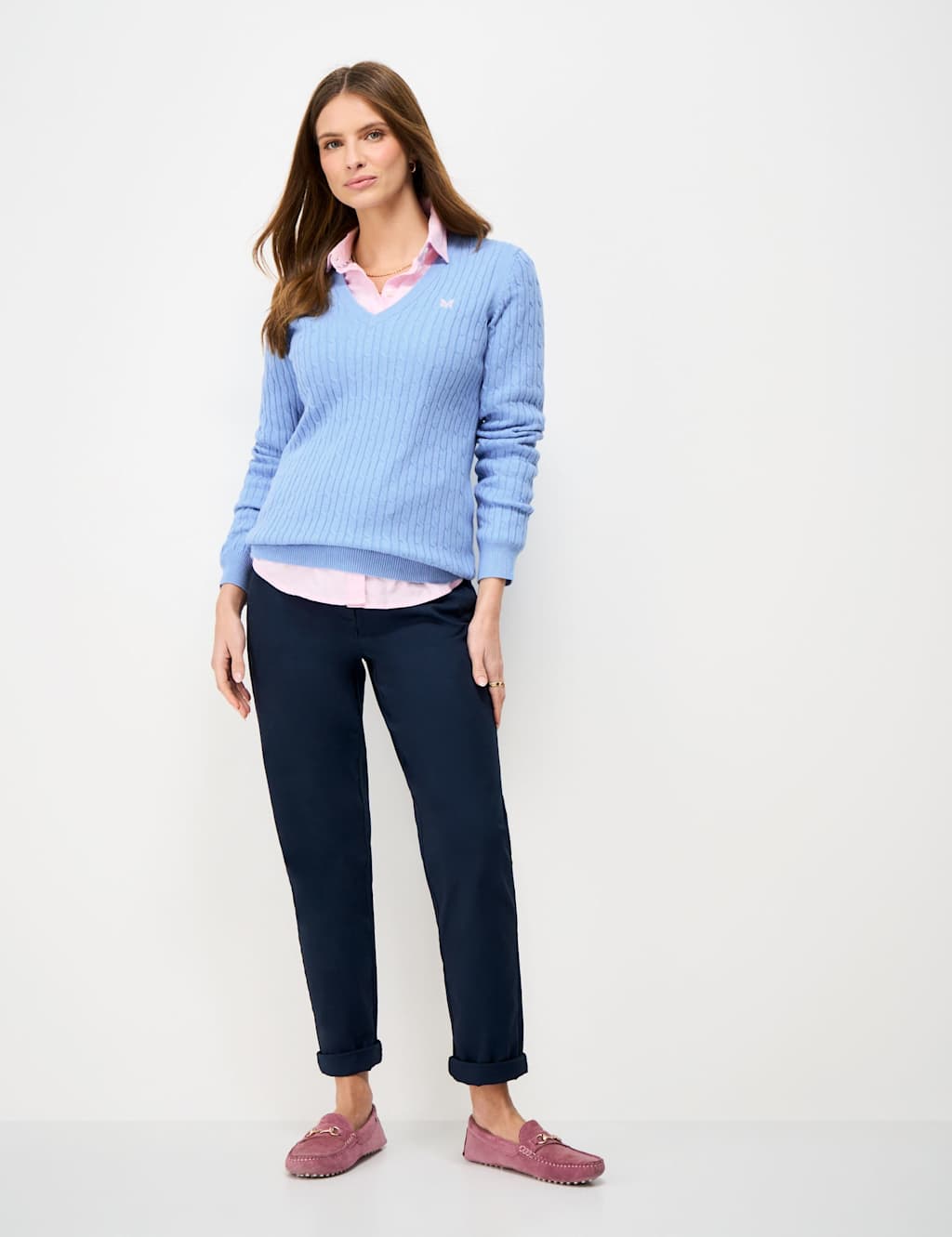 Crew Clothing Cotton Rich Cable Knit V-Neck Jumper Mid Blue