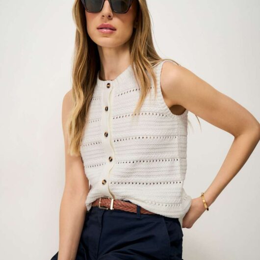 Crew Clothing Pure Cotton Button Through Knitted Vest White