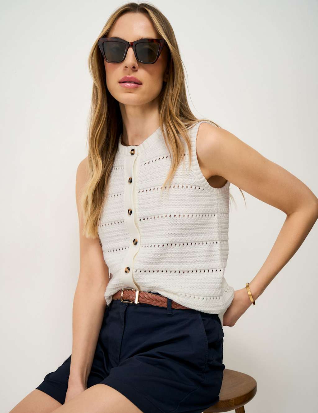 Crew Clothing Pure Cotton Button Through Knitted Vest White