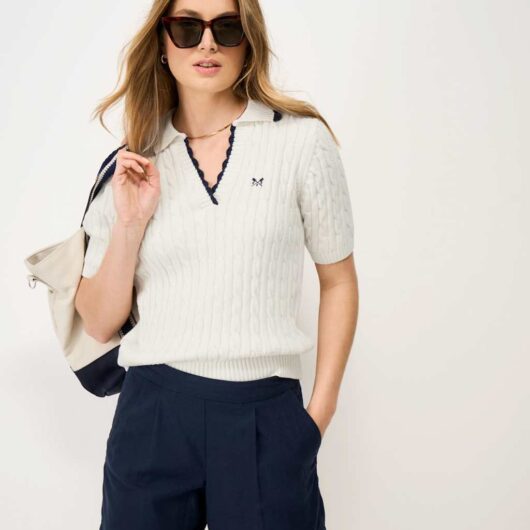 Crew Clothing Pure Cotton Cable Collared Knitted Top White