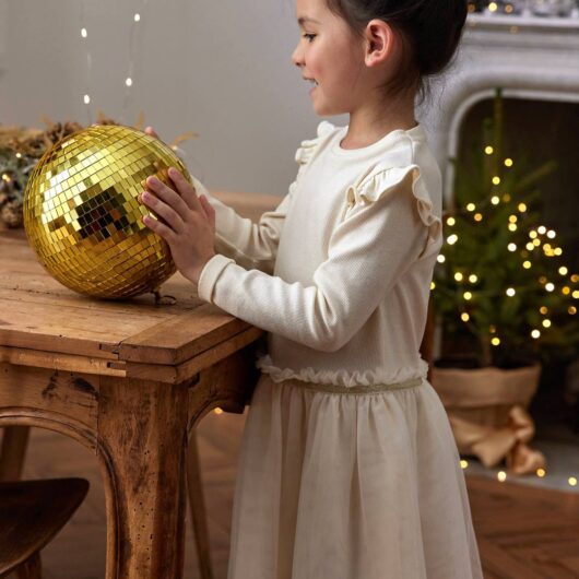 Dual Fabric Christmas Special Dress with Tulle Skirt for Girls ecru