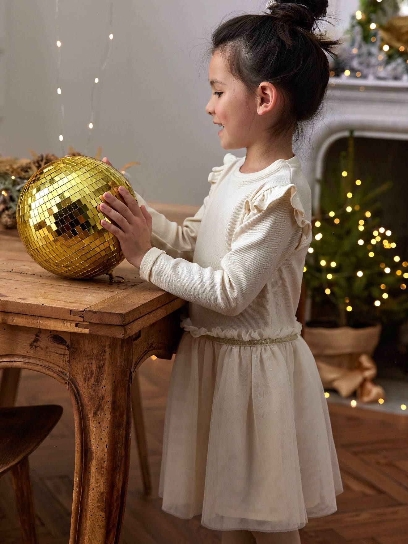Dual Fabric Christmas Special Dress with Tulle Skirt for Girls ecru