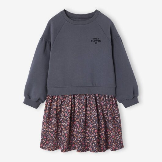 Dual Fabric Dress for Girls anthracite