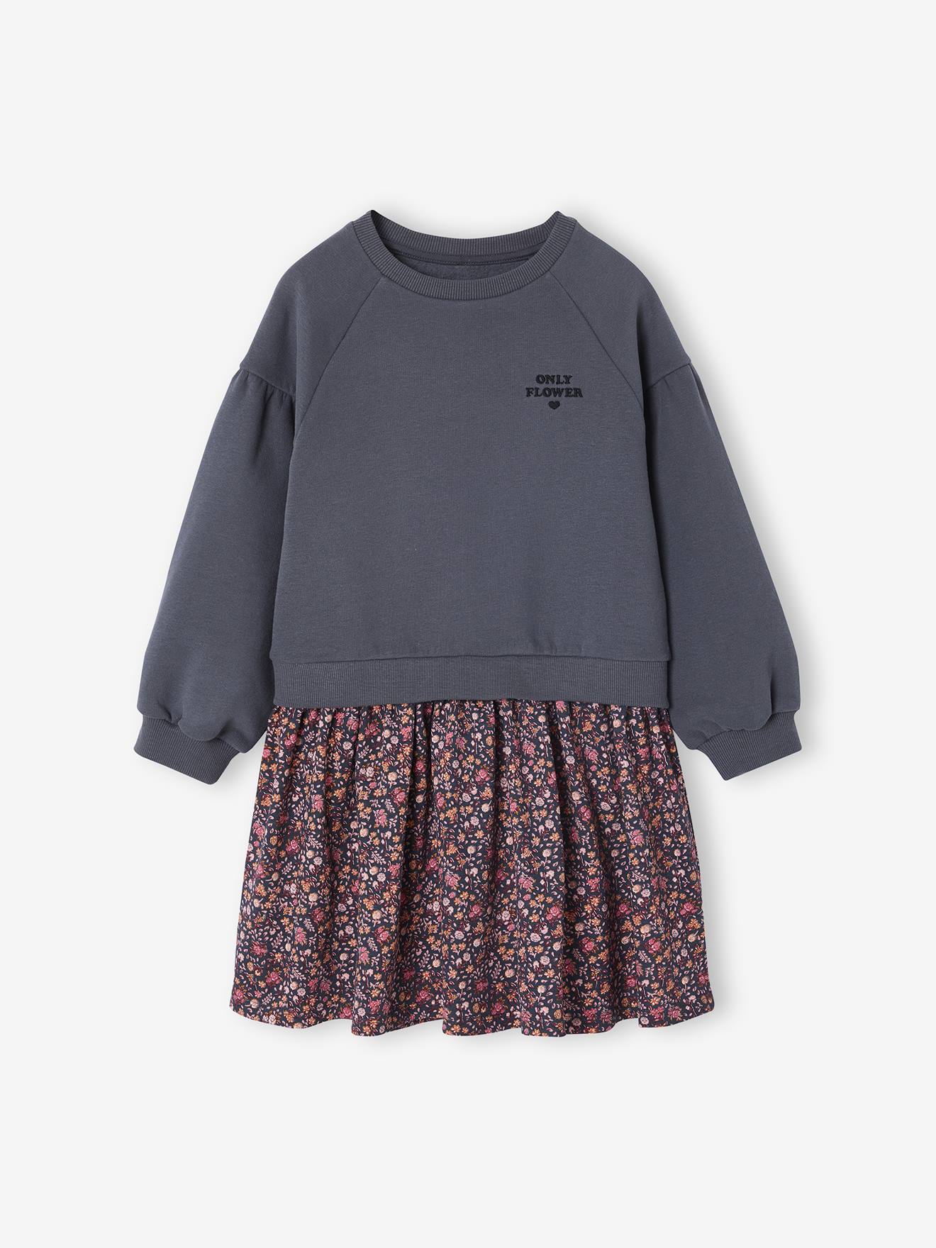 Dual Fabric Dress for Girls anthracite