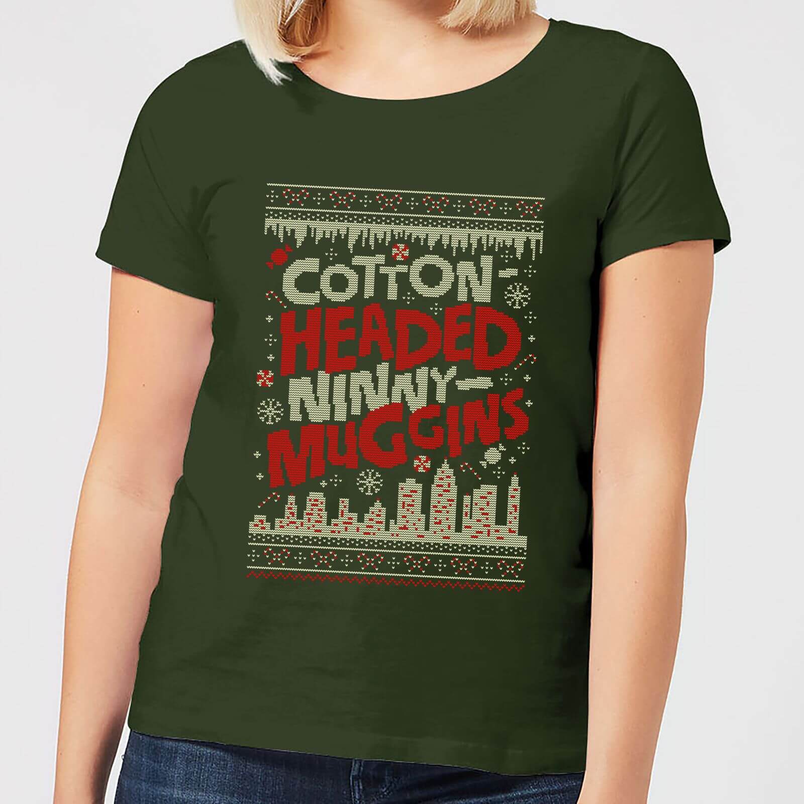 Elf Cotton-Headed-Ninny-Muggins Knit Women's Christmas T-Shirt - Forest Green - XS
