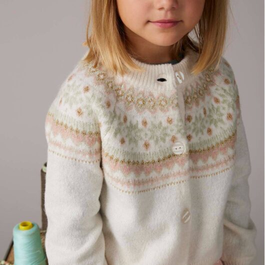 Fancy Jacquard Knit Cardigan in Shimmery Yarn for Girls ecru