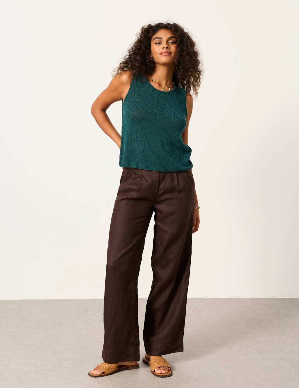 FatFace Knitted Tank Top with Linen Teal