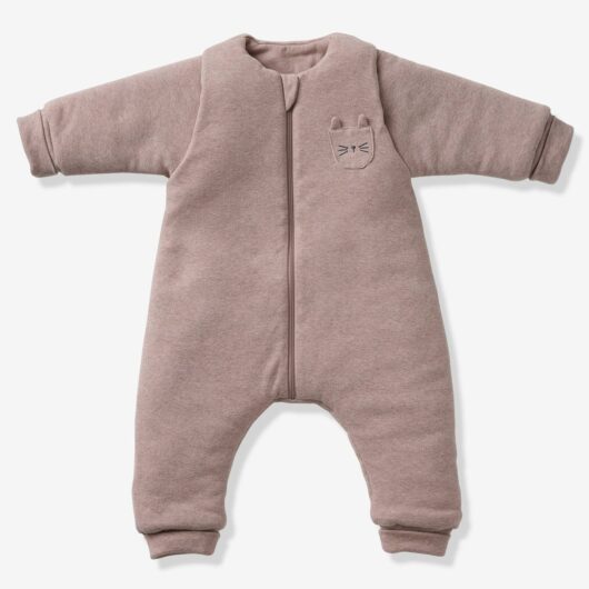 Footed Jumpsuit, Long Detachable Sleeves, PETIT CHAT marl beige