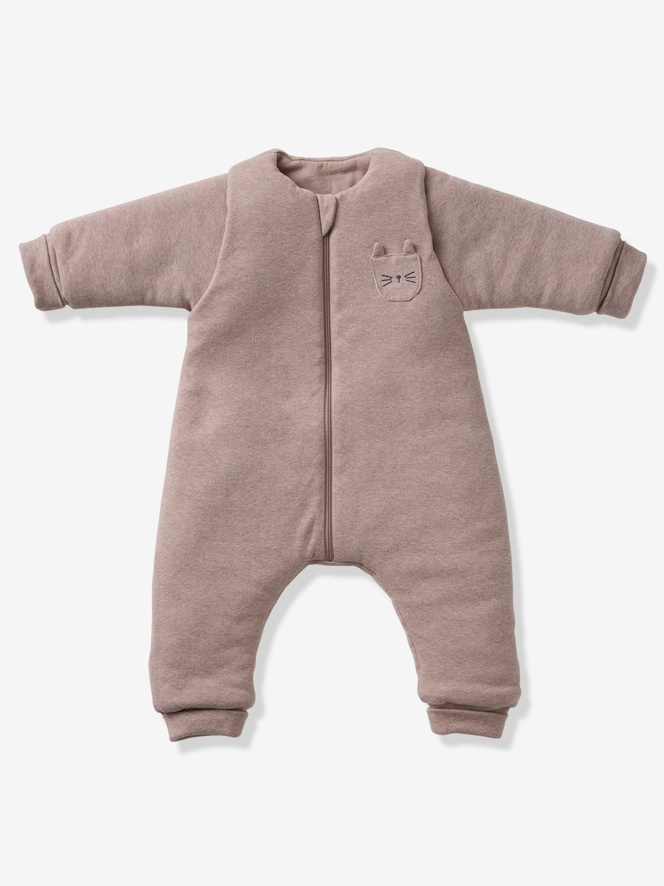 Footed Jumpsuit, Long Detachable Sleeves, PETIT CHAT marl beige